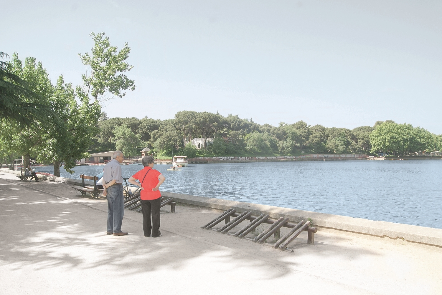 A couple standing by a lakeside promenade in a city park, A Man in a Park.