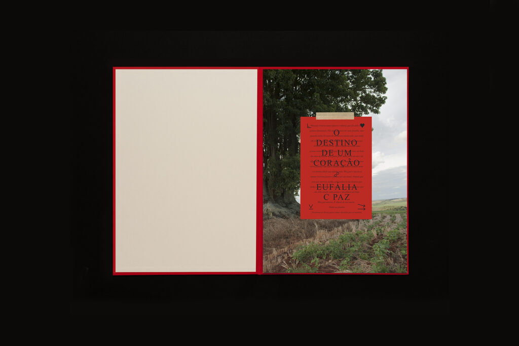 Open photobook spread from O Destino de Um Coração showing landscape photograph with red insert overlapping the page.